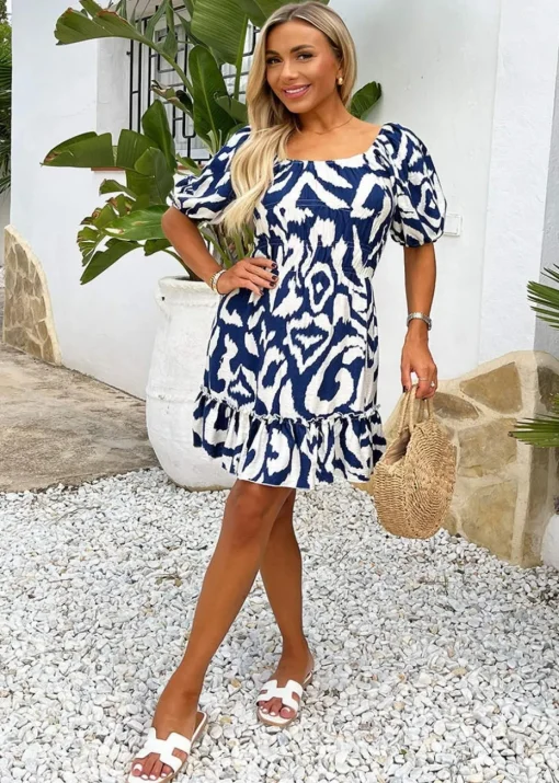 AX Paris Navy & Cream Abstract Print Short Sleeve Frill Hem Mini Dress