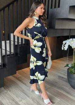 AX Paris Navy Floral Print Halter Neck Dipped Hem Midi Dress