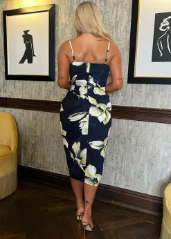 AX Paris Navy Floral Print Strappy Wrap Top Gathered Skirt Midi Dress