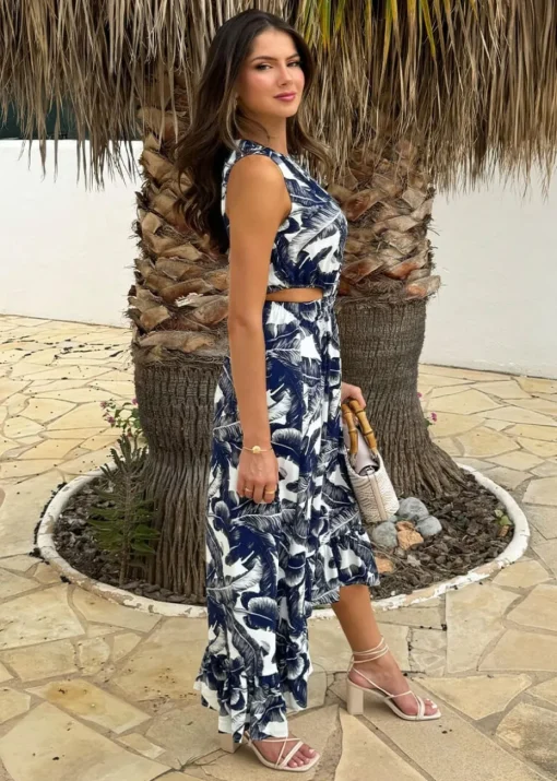 AX Paris Navy Leaf Print Waist Cut Out Frill Hem Midi Dress
