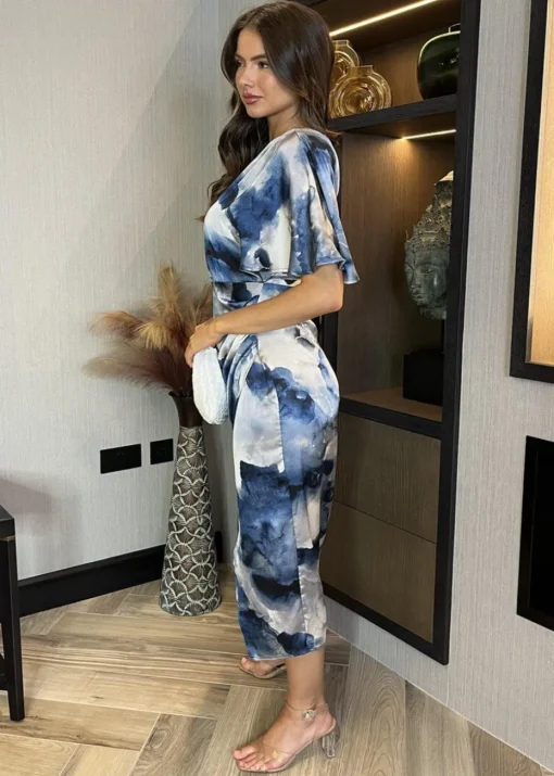 AX Paris Navy Marble Print One Shoulder Wrap Skirt Midi Dress
