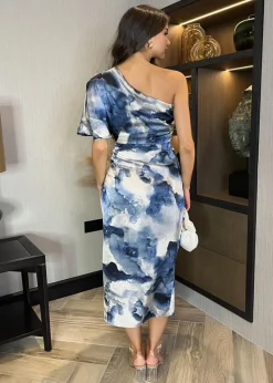 AX Paris Navy Marble Print One Shoulder Wrap Skirt Midi Dress