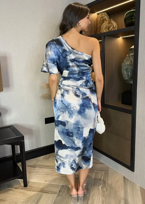 AX Paris Navy Marble Print One Shoulder Wrap Skirt Midi Dress