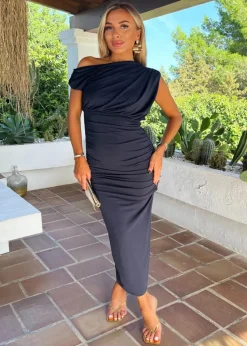 AX Paris Navy Off The Shoulder Draped Top Midi Dress