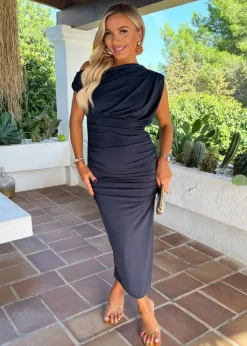 AX Paris Navy Off The Shoulder Draped Top Midi Dress