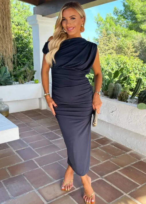 AX Paris Navy Off The Shoulder Draped Top Midi Dress