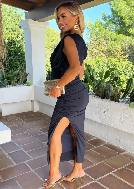 AX Paris Navy Off The Shoulder Draped Top Midi Dress
