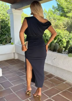 AX Paris Navy Off The Shoulder Draped Top Midi Dress