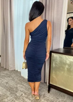 AX Paris Navy One Shoulder Ring Detail Ruched Bodycon Midi Dress