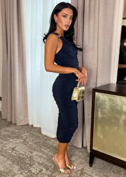 AX Paris Navy One Shoulder Ring Detail Ruched Bodycon Midi Dress