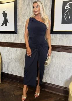 AX Paris Navy One Shoulder Knot Skirt Midi Dress