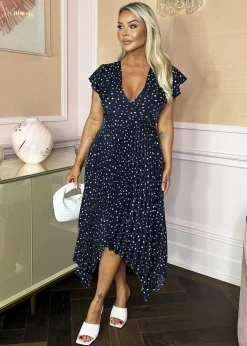 AX Paris Navy Polka Dot Print Wrap Top Zig Zag Hem Pleated Midi Dress