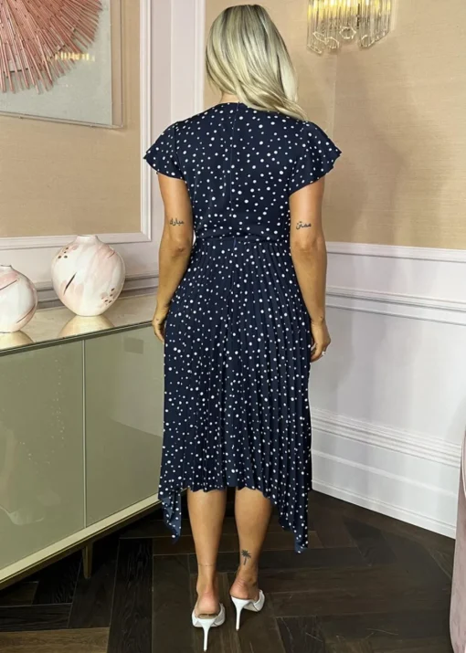 AX Paris Navy Polka Dot Print Wrap Top Zig Zag Hem Pleated Midi Dress