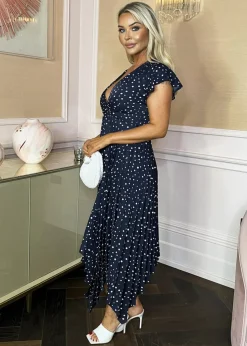 AX Paris Navy Polka Dot Print Wrap Top Zig Zag Hem Pleated Midi Dress