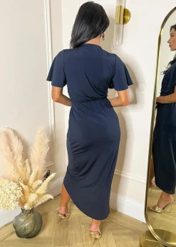 AX Paris Navy Short Sleeve Ring Detail Wrap Midi Dress