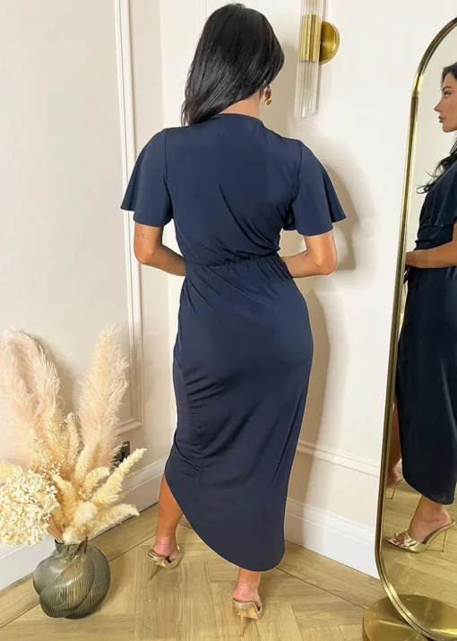 AX Paris Navy Short Sleeve Ring Detail Wrap Midi Dress