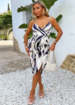 AX Paris Navy Stripe Print Strappy Wrap Top Midi Dress