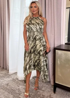 AX Paris Olive Snake Print Racer Neck Zig Zag Hem Pleated Midi Dress