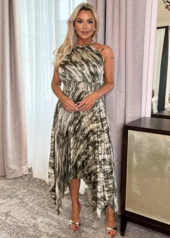 AX Paris Olive Snake Print Racer Neck Zig Zag Hem Pleated Midi Dress