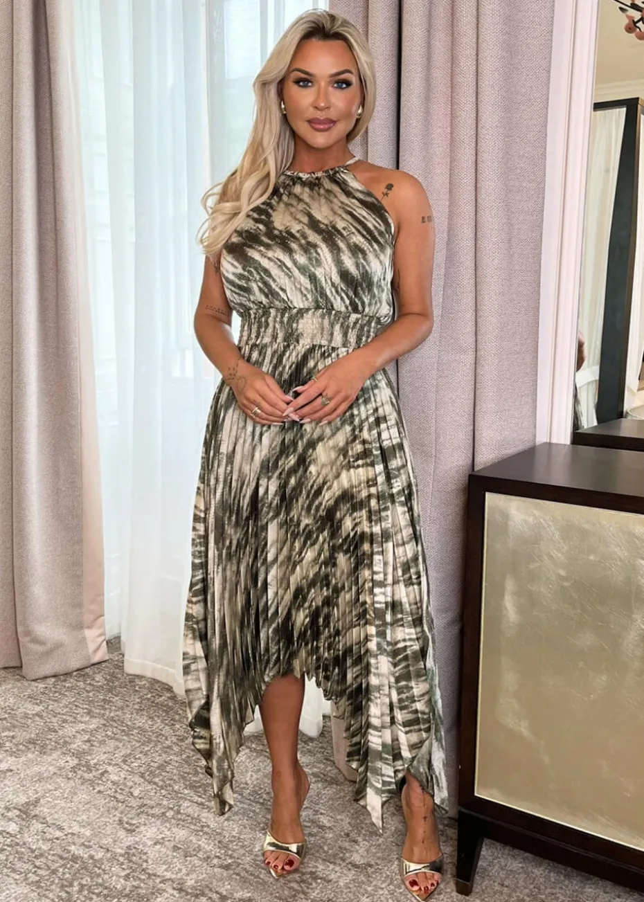 AX Paris Olive Snake Print Racer Neck Zig Zag Hem Pleated Midi Dress