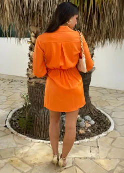 AX Paris Orange 3/4 Sleeve Gathered Wrap Shirt Mini Dress