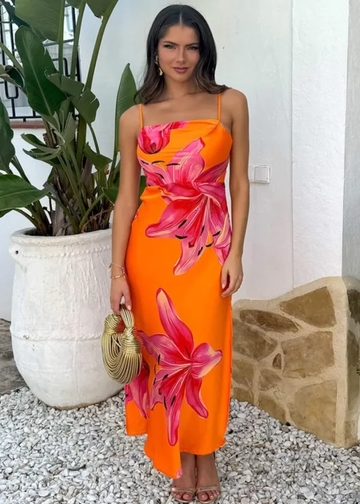 AX Paris Orange And Pink Floral Print Strappy Slip Midi Dress