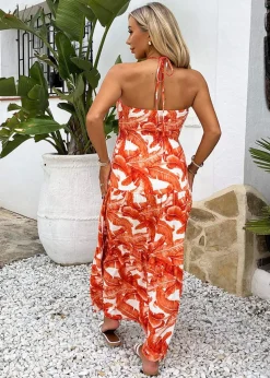 AX Paris Orange Leaf Print Tie Neck Shirred Top Smock Midi Dress