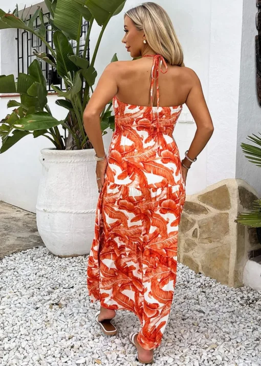 AX Paris Orange Leaf Print Tie Neck Shirred Top Smock Midi Dress