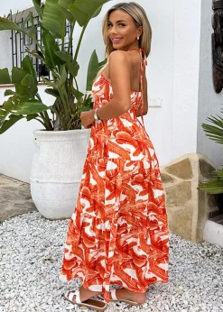 AX Paris Orange Leaf Print Tie Neck Shirred Top Smock Midi Dress