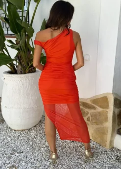 AX Paris Orange Mesh Overlay Off The Shoulder Ruched Bodycon Midi Dress