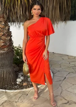 AX Paris Orange One Shoulder Butterfly Sleeve Wrap Midi Dress