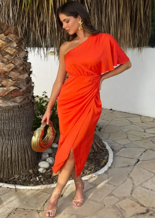 AX Paris Orange One Shoulder Butterfly Sleeve Wrap Midi Dress