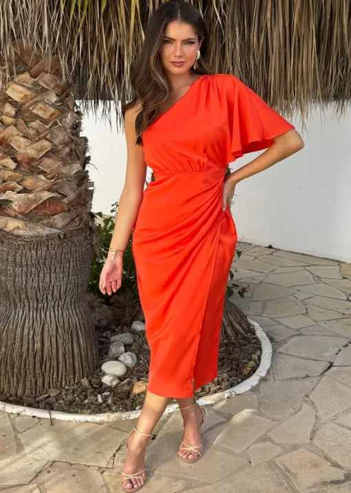 AX Paris Orange One Shoulder Butterfly Sleeve Wrap Midi Dress