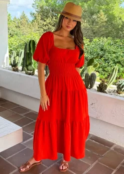 AX Paris Orange Puff Sleeve Shirred Waist Smock Midi Dress