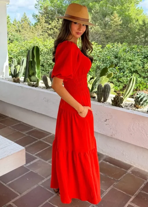 AX Paris Orange Puff Sleeve Shirred Waist Smock Midi Dress