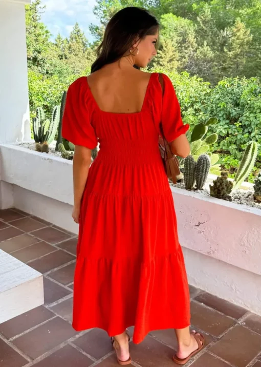 AX Paris Orange Puff Sleeve Shirred Waist Smock Midi Dress