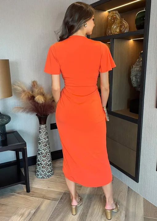AX Paris Orange Short Sleeve Ring Detail Wrap Midi Dress