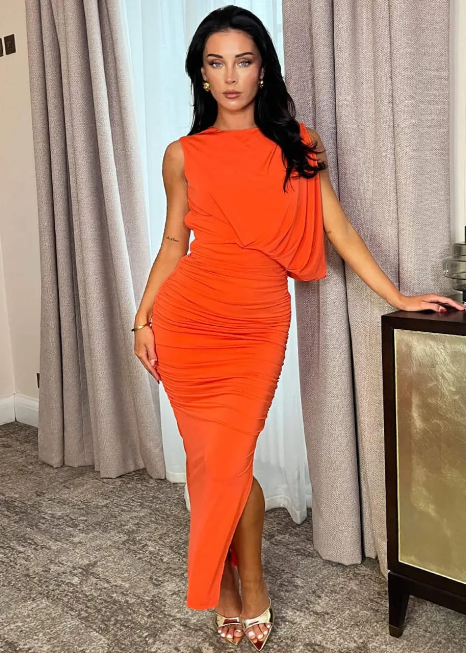 AX Paris Orange Sleeveless Draped Top Ruched Skirt Midi Dress