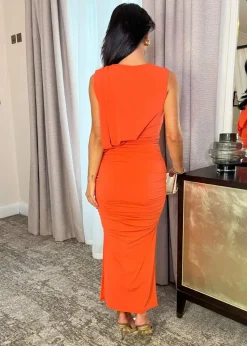 AX Paris Orange Sleeveless Draped Top Ruched Skirt Midi Dress