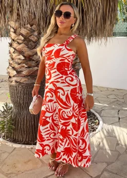 AX Paris Orange Tropical Print Shirred Straps Button Detail Midi Dress