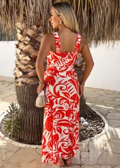 AX Paris Orange Tropical Print Shirred Straps Button Detail Midi Dress