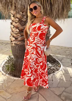 AX Paris Orange Tropical Print Shirred Straps Button Detail Midi Dress