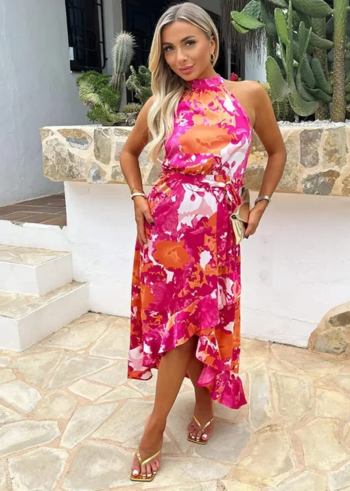 AX Paris Pink Abstract Printed Halterneck Tie Waist Dipped Hem Midi Dress