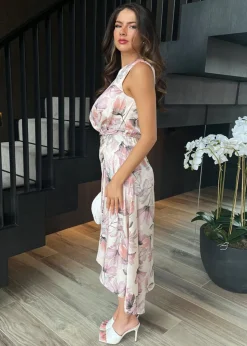 AX Paris Pink Blush Floral Print Gathered Midi Dress With Shoulder Pads