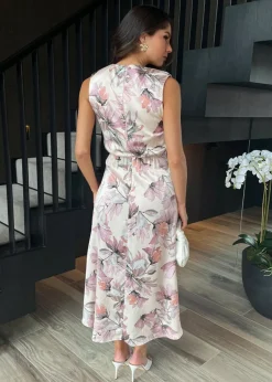 AX Paris Pink Blush Floral Print Gathered Midi Dress With Shoulder Pads