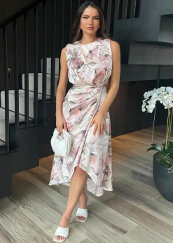 AX Paris Pink Blush Floral Print Gathered Midi Dress With Shoulder Pads