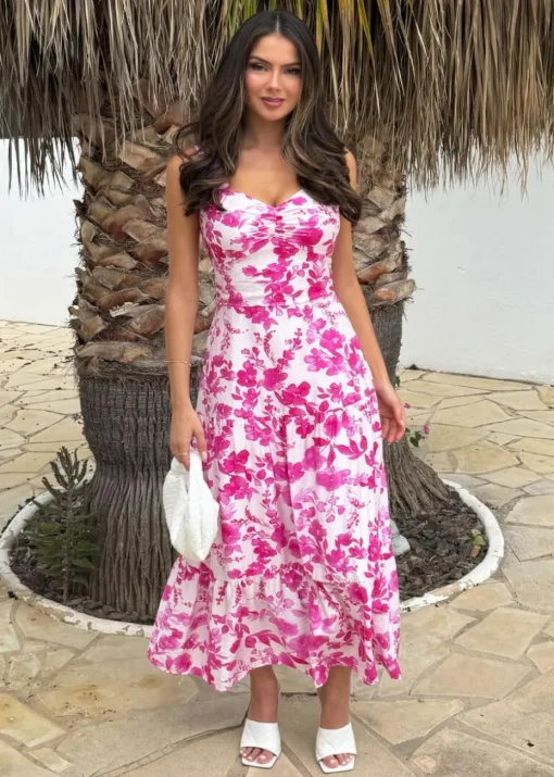 AX Paris Pink Floral Print Shirred Straps Tiered Midi Dress