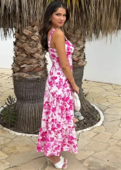 AX Paris Pink Floral Print Shirred Straps Tiered Midi Dress