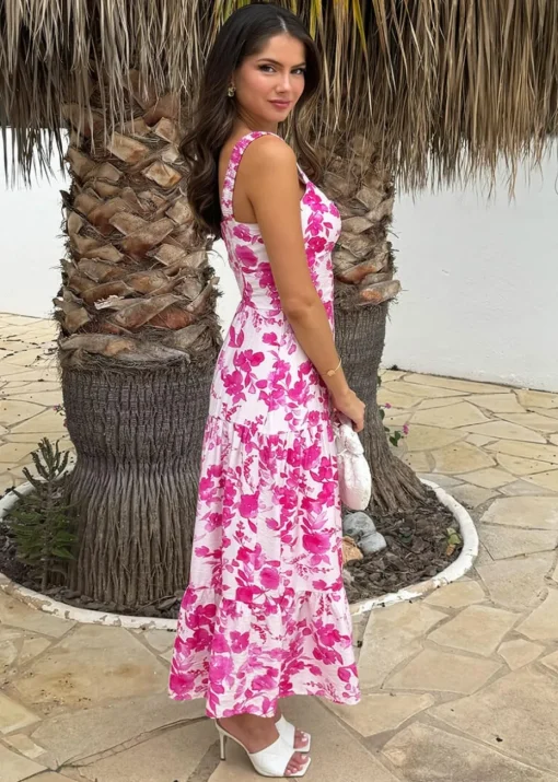 AX Paris Pink Floral Print Shirred Straps Tiered Midi Dress