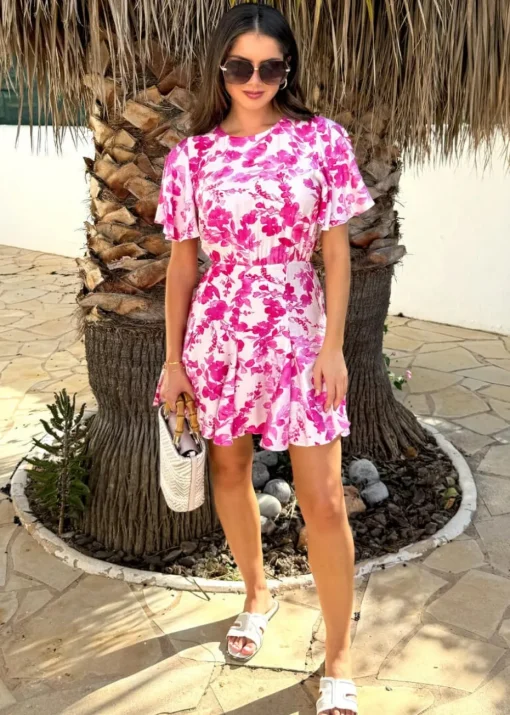 AX Paris Pink Floral Print Butterfly Sleeve Skater Mini Dress